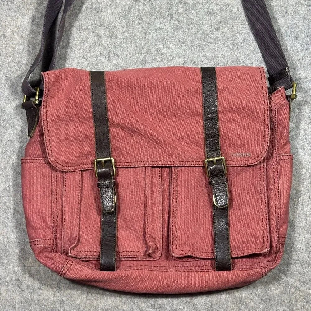Vintage Fossil Canvas Messenger Bag Red Leather Strap Buckle Crossbody READ